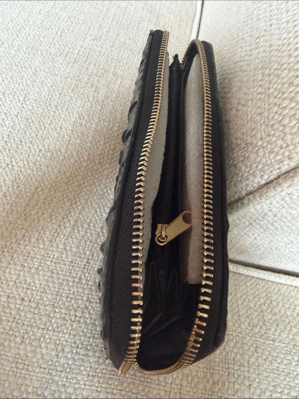 Brahmin Black Croc-Embossed Leather Zip Wallet with Gold Hardware
